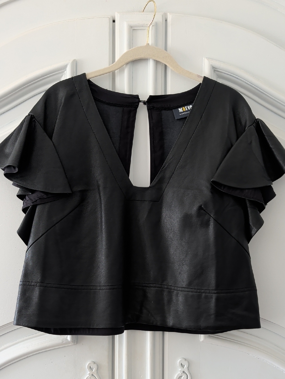 Maeve Black Faux-Leather V-Neck Top with Ruffle Sleeves